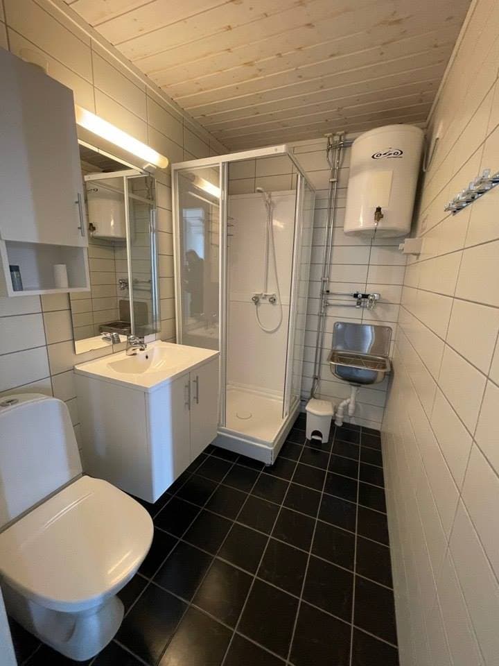 Badrum med dusch och toalett i lägenheten